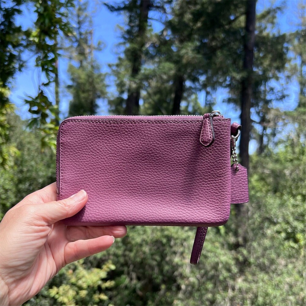 COACH Pebbled Leather Wristlet Wallet Double Zip Purple w Silver Hardware - Picture 2 of 15